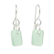 Load image into Gallery viewer, A set of dangly rectangular seaglass earrings, seafoam in color, on silver earwires.
