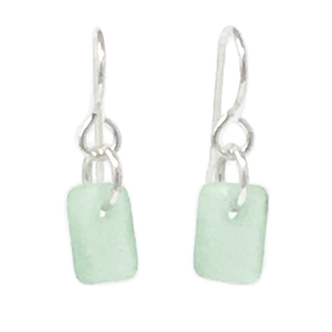 A set of dangly rectangular seaglass earrings, seafoam in color, on silver earwires.
