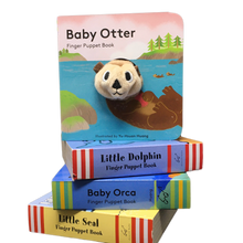 Load image into Gallery viewer, 4 Finger Puppet books stacked, 3 with the spines and titles visible, topped with the &#39;Baby Otter&#39; finger puppet book.  
