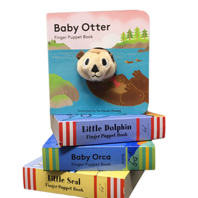 4 Finger Puppet books stacked, 3 with the spines and titles visible, topped with the 'Baby Otter' finger puppet book.  