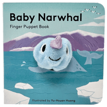 Load image into Gallery viewer, Square finger puppet &#39;Baby Narwhal&#39; book with circular, fabric seal face in the middle.
