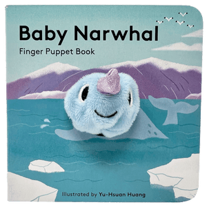Square finger puppet 'Baby Narwhal' book with circular, fabric seal face in the middle.