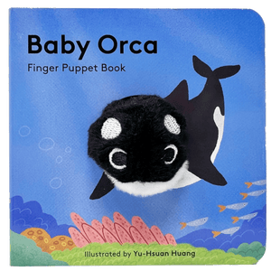 Square finger puppet 'Baby Orca' book with circular, fabric seal face in the middle.