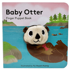 Square finger puppet 'Baby Otter' book with circular, fabric seal face in the middle.