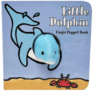 Square finger puppet 'Little Dolphin' book with circular, fabric seal face in the middle.