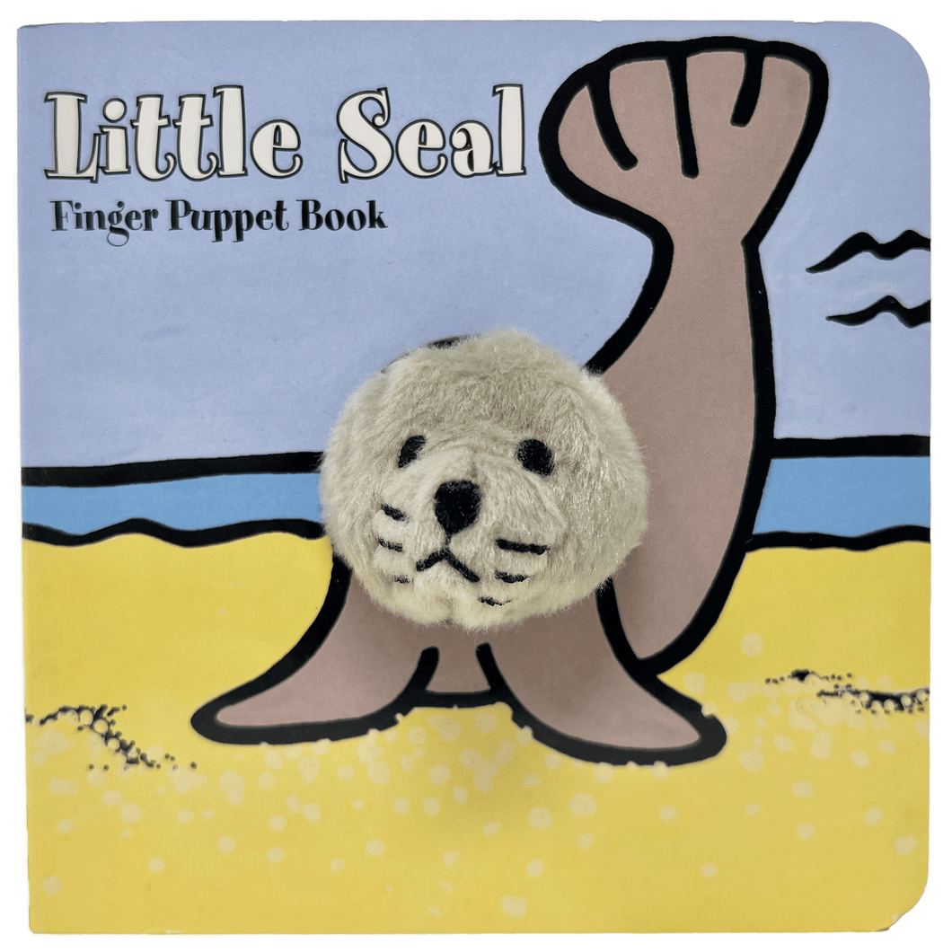 Square finger puppet 'Little Seal' book with circular, fabric seal face in the middle.