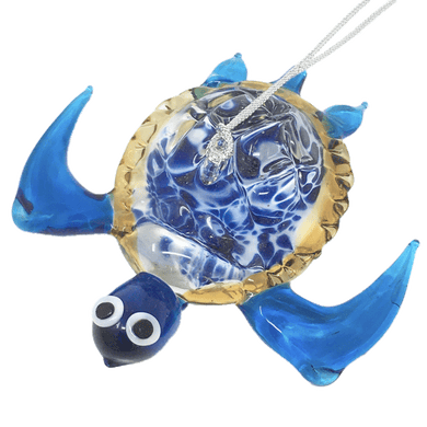 Glass sea turtle ornament, blue with tan and clear shell.