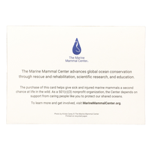 Load image into Gallery viewer, Back of greeting card with The Marine Mammal Center&#39;s mission statement, info about the Center&#39;s work, and photo credits.
