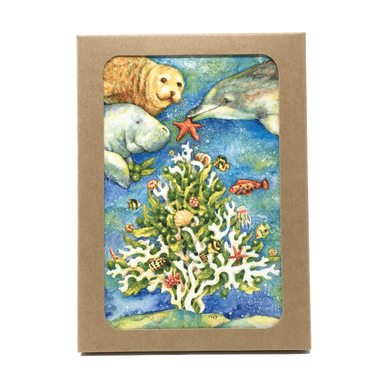 Box of holiday cards with coral Christmas tree and various marine animals on cover.