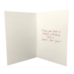 Open holiday card with message in red text "May you have a Happy Holiday and a Joyous New Year"