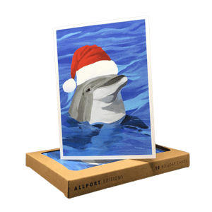 Holiday card with dolphin wearing Santa hat.