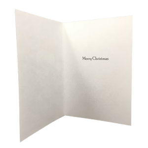 Open holiday card with text "Merry Christmas"