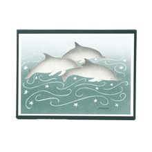 Load image into Gallery viewer, Box of holiday cards with 3 dolphins against green-blue background on cover.
