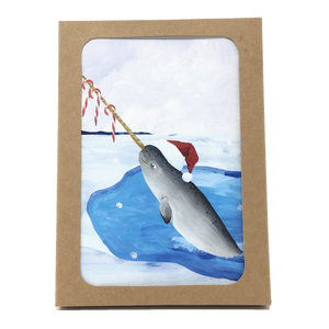 Box of holiday cards with narwhal wearing Santa hat and carrying candy canes on cover.