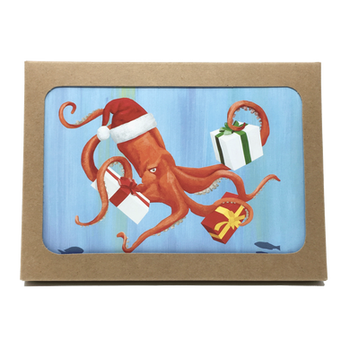 Box of holiday cards with red octopus wearing Santa hat and carrying 3 wrapped gifts on cover.