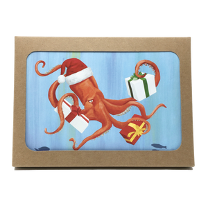 Box of holiday cards with red octopus wearing Santa hat and carrying 3 wrapped gifts on cover.