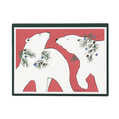 Box of holiday cards with 2 polar bears against red background on cover.