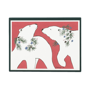 Box of holiday cards with 2 polar bears against red background on cover.