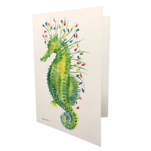 Holiday card with green seahorse carrying a string of red, yellow, blue, and green holiday lights.