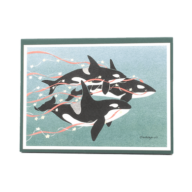 Holiday card box cover with 3 orcas (killer whales) swimming against green-blue background, trailing red streamers and yellow stars.