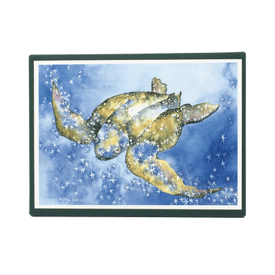 Holiday card box cover with green leatherback sea turtle against blue background dotted with white stars.