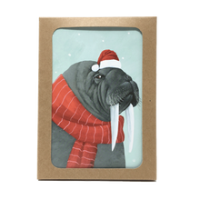 Load image into Gallery viewer, Box of holiday cards with walrus wearing scarf and Santa hat on cover.

