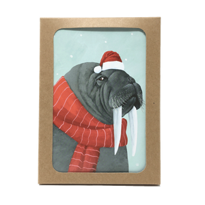 Box of holiday cards with walrus wearing scarf and Santa hat on cover.