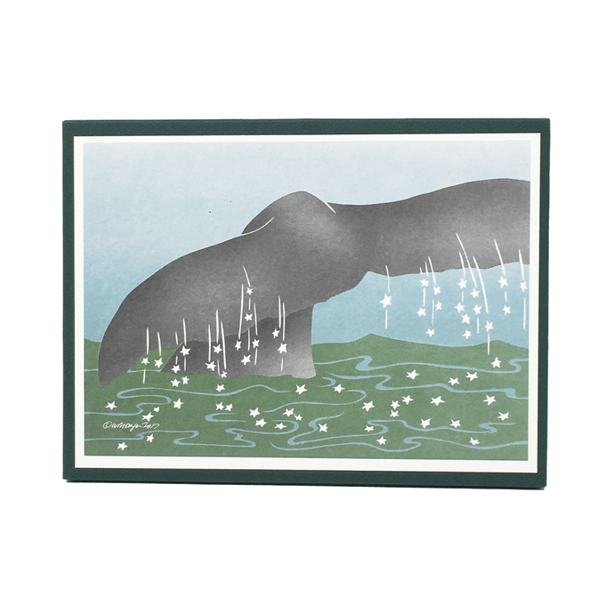Holiday card box cover with whale tail emerging from green water dotted with white stars.