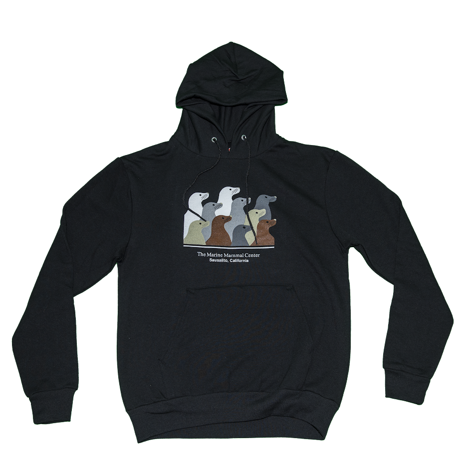 Black hooded sweatshirt featuring design with 10 sea lion profiles in white, gray, tan, and brown on front. Text 