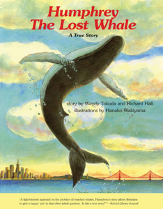 "Humphrey the Lost Whale" book  cover, depicting a whale fully breaching out of the ocean with the San Francisco skyline and Golden Gate Bridge in the background.