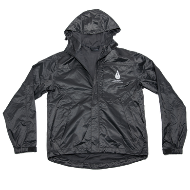 slate gray waterproof rain jacket with Marine Mammal Center logo in white on left chest