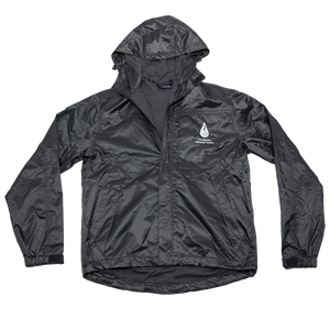 slate gray waterproof rain jacket with Marine Mammal Center logo in white on left chest