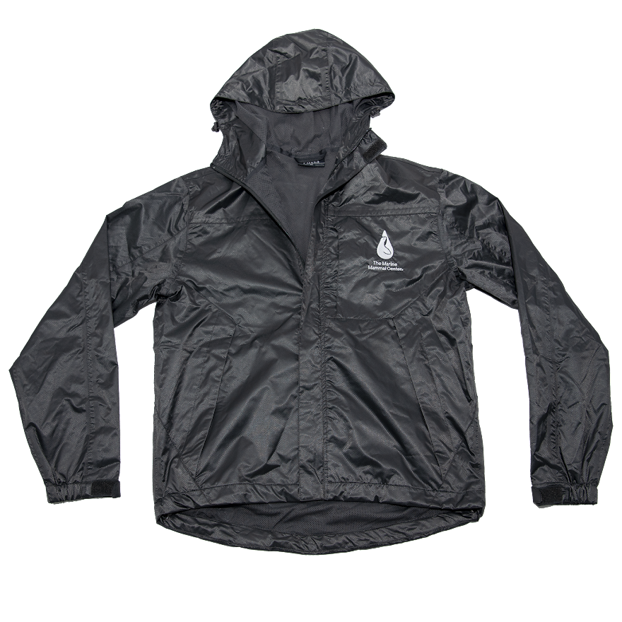 slate gray waterproof rain jacket with Marine Mammal Center logo in white on left chest