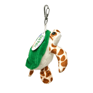 Sea turtle key chain with spotted light tan with darker tan spots along the body and green shell attached to a silver clip. White product tag hangs on the clip and reads "EcoPals".