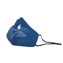 Load image into Gallery viewer, Sideview of a 4-layer navy blue face mask with cinch-string elastic and the white image of a whale and logo.
