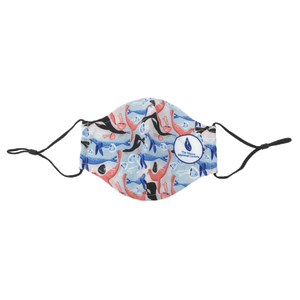 Cinch string facemask depicting a colorful collage of sea lions in black, blue, and red.