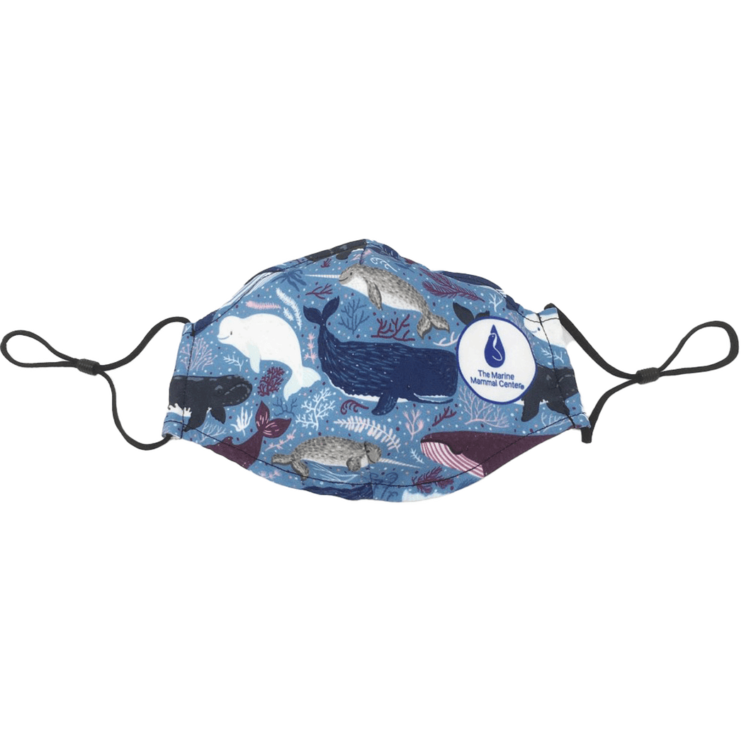 Blue cinch-string face mask with various whale species (narwhal, sperm whale, beluga, humpback, and more) and The Marine Mammal Center Logo.