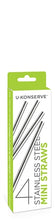 Load image into Gallery viewer, A thin white box with green accents, depicting 4 metal straws, and the words, &quot;4 Stainless Steel Mini Straws&quot; with the brand name U-KONSERVE visible.
