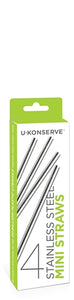 A thin white box with green accents, depicting 4 metal straws, and the words, "4 Stainless Steel Mini Straws" with the brand name U-KONSERVE visible.