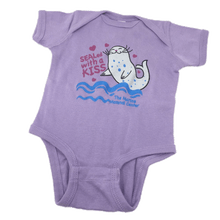 Load image into Gallery viewer, Purple onesie with The Marine Mammal Center name, depicting a cartoon seal grey with blue spots, small magenta hearts around the design, and blue wavey lines under the seal.
