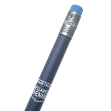 Load image into Gallery viewer, Dark blue pencil eraser end, with a blue eraser and &quot;made from reclaimed denim&quot; printed on the side.
