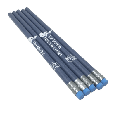 5 dark blue pencils with blue erasers and The Marine Mammal Center logo lay side-by-side.