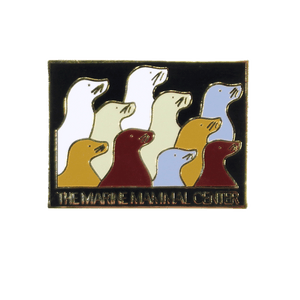 Rectangular lapel pin with 10 sea lion profiles in white, gray, tan, and brown. Text "THE MARINE MAMMAL CENTER" below.