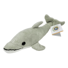 Load image into Gallery viewer, Grey plush dolphin with white tag that reads &quot;Conservation Critters&quot;.
