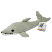 Load image into Gallery viewer, Grey plush dolphin with white tag that reads &quot;Conservation Critters&quot;.
