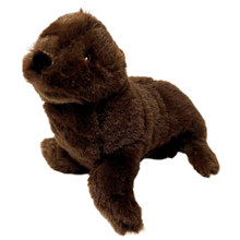 Load image into Gallery viewer, 3/4 profile of a dark brown sea lion plush with embroidered eyes.
