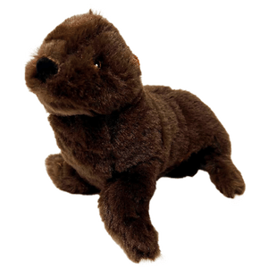 3/4 profile of a dark brown sea lion plush with embroidered eyes.