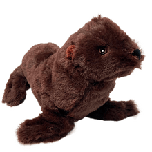 Load image into Gallery viewer, Profile of a dark brown sea lion plush with embroidered eyes.
