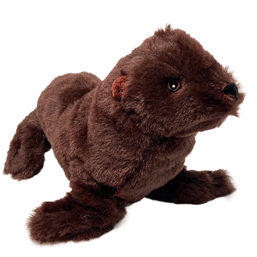 Profile of a dark brown sea lion plush with embroidered eyes.