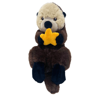 Sea otter plush with embroidered eyes, light brown and dark brown fur, black paws, holding and orange seastar.